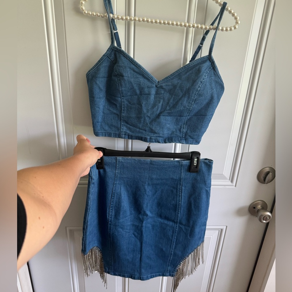 Denim Blue Two-Piece Set with Fringe